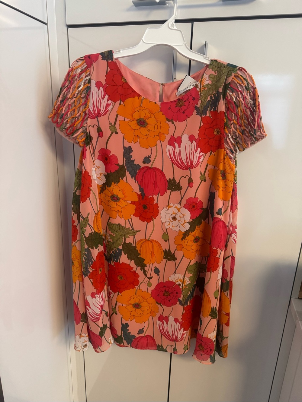 Trina Turk Pink Floral Mini Dress with Orange & Red Blooms